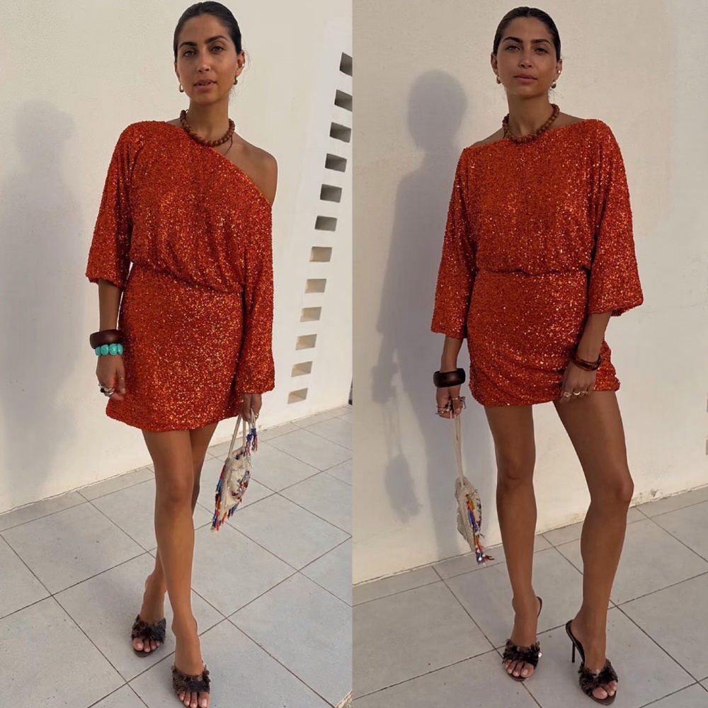 Never Fully Dressed Orange Sequin Tilly Off The Shoulder Long Sleeve Mini Dress
